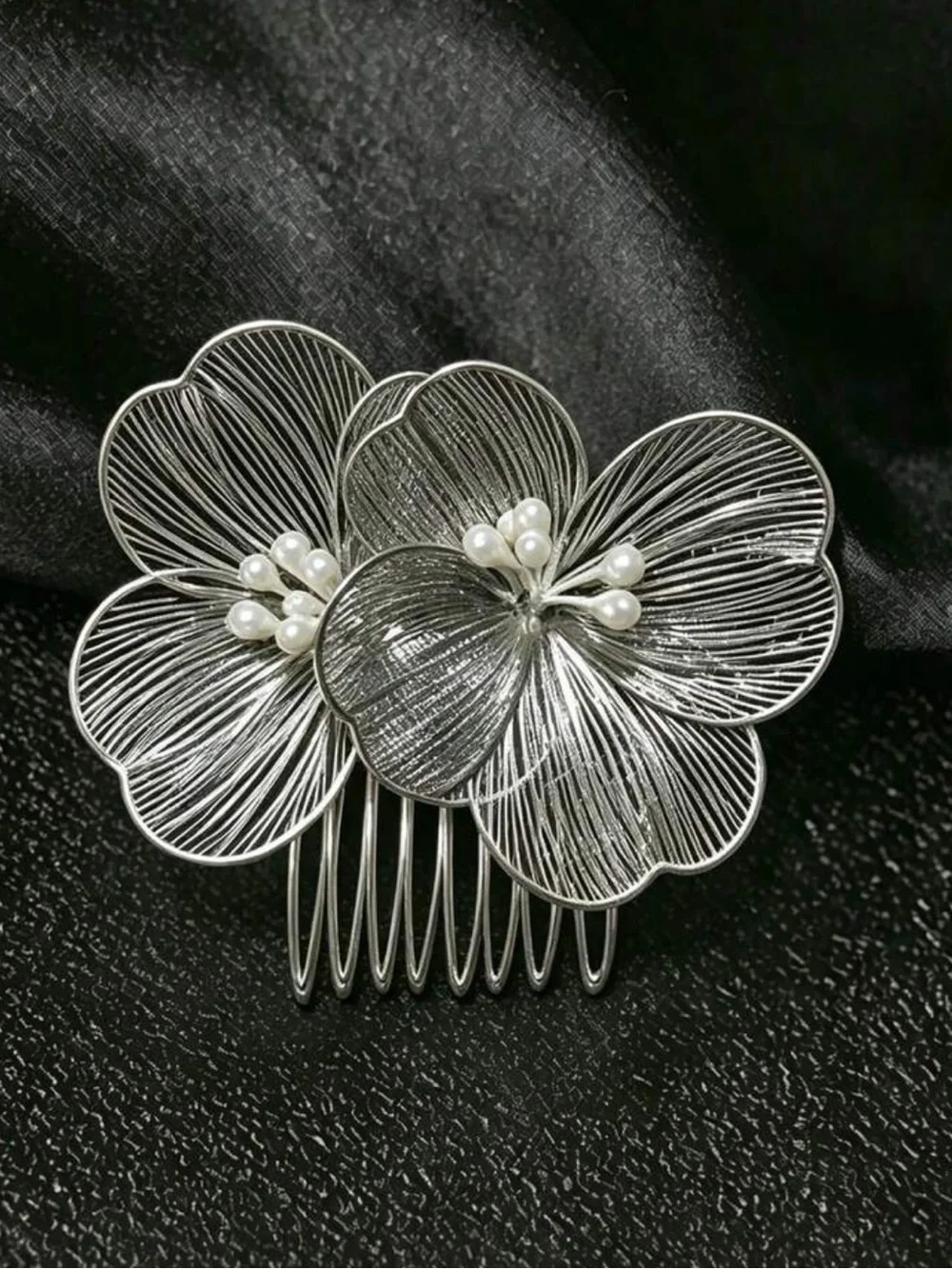 Silver Floral Wire Hair Comb with Pearl Accents